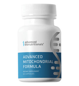 Bottle of Advanced Mitochondrial Formula supplements designed to boost energy and improve cell function with NAD and key nutrients.