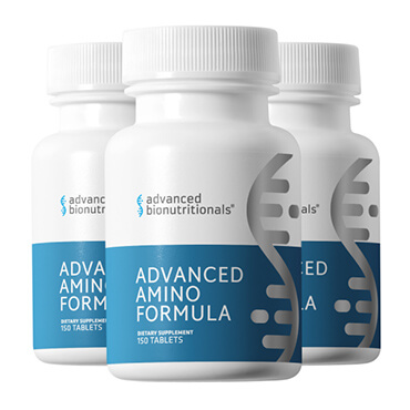 Bottle of Advanced Amino Formula tablets, highlighting benefits for muscle, bone, and overall health with essential amino acids.