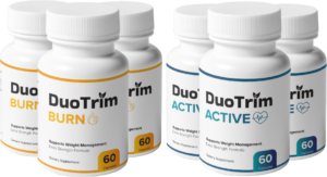 Bottles of DuoTrim Active and DuoTrim Burn displayed side by side, promoting weight loss and digestive health.