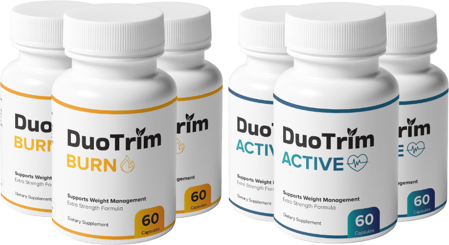 Bottles of DuoTrim Active and DuoTrim Burn displayed side by side, promoting weight loss and digestive health.