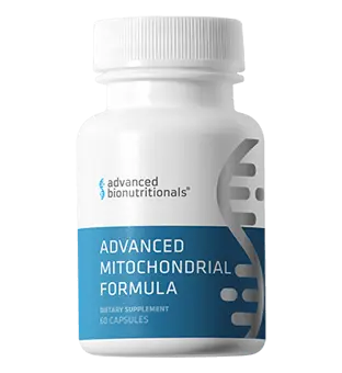 Bottle of Advanced Mitochondrial Formula supplements designed to boost energy and improve cell function with NAD and key nutrients.
