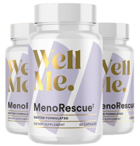 Three bottles of MenoRescue™ supplement for natural menopause symptom relief and cortisol balance.