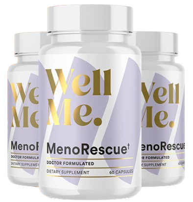 Three bottles of MenoRescue™ supplement for natural menopause symptom relief and cortisol balance.