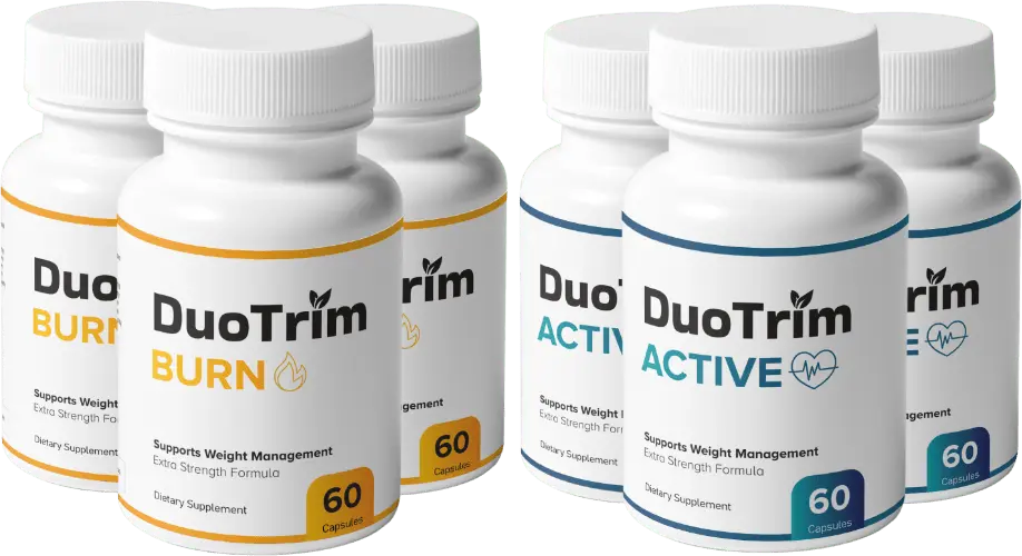 Bottles of DuoTrim Active and DuoTrim Burn displayed side by side, promoting weight loss and digestive health.