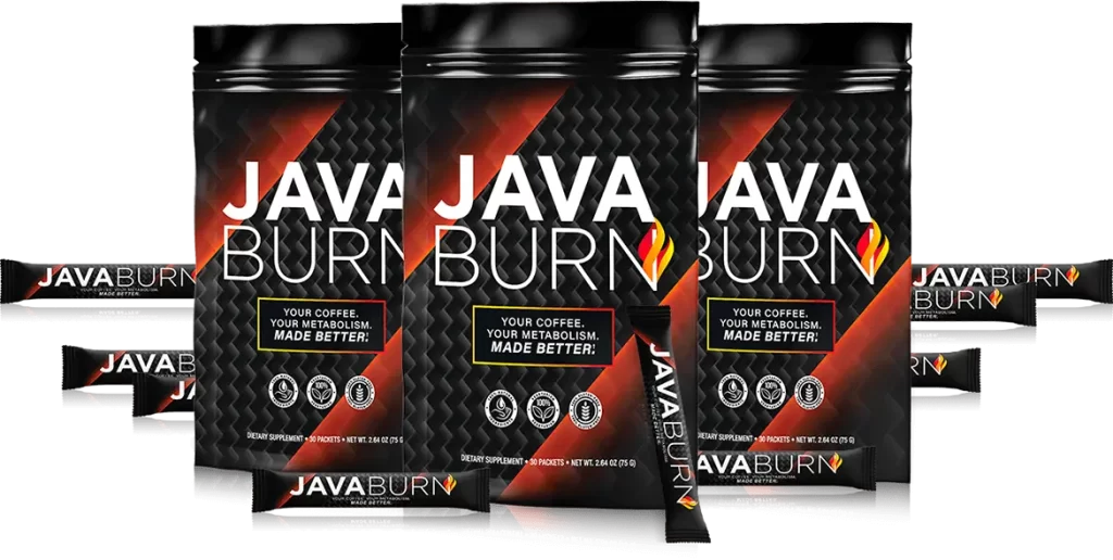 Java Burn coffee packets with a cup of steaming coffee, promoting metabolism boost and fat-burning benefits.