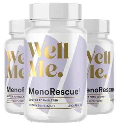 Three bottles of MenoRescue™ supplement for natural menopause symptom relief and cortisol balance.