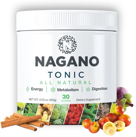 Bottle of Nagano Tonic beside a glass of water, symbolizing metabolism boost, fat loss, and anti-aging benefits.