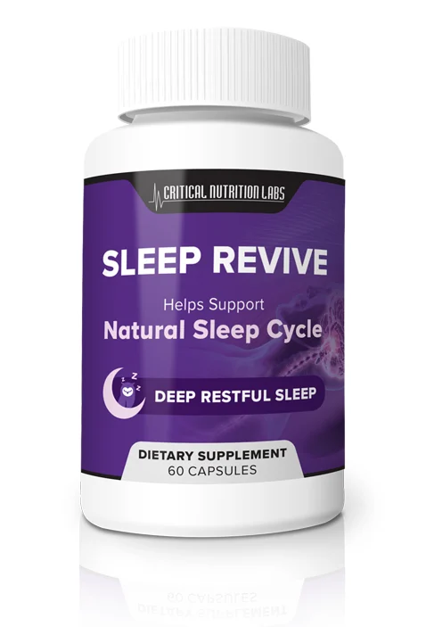 Sleep Revive supplement bottle with natural ingredients for better sleep and stress management.