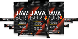 Java Burn coffee packets with a cup of steaming coffee, promoting metabolism boost and fat-burning benefits.