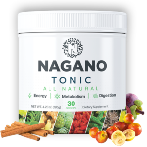 Bottle of Nagano Tonic beside a glass of water, symbolizing metabolism boost, fat loss, and anti-aging benefits.