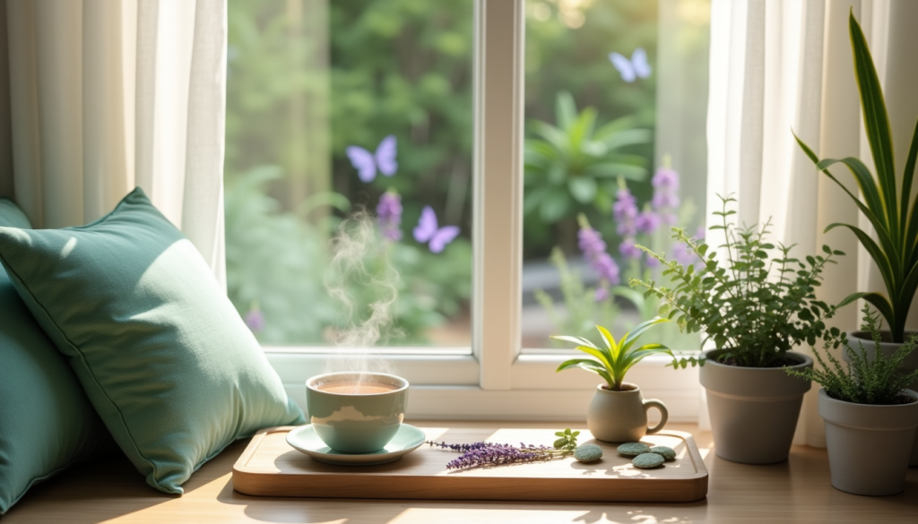 A cozy window view of North American nature with butterflies, calming tea, pillows, and plants, symbolizing relaxation and anxiety relief