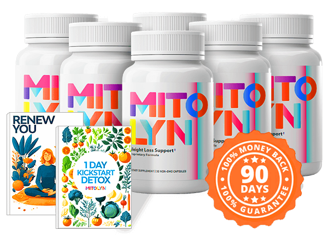 Six Mitolyn supplement bottles alongside two free bonuses: the digital books "1-Day Kickstart Detox" and "Renew You.