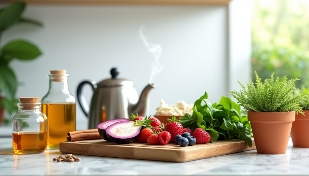 Natural ingredients for weight loss, including fruits, herbs, teas, oils, and vegetables, symbolizing Ozempic (GLP-1) alternatives.