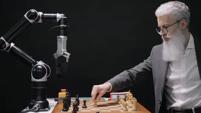 Sophisticated elderly man playing chess against a robot and winning.