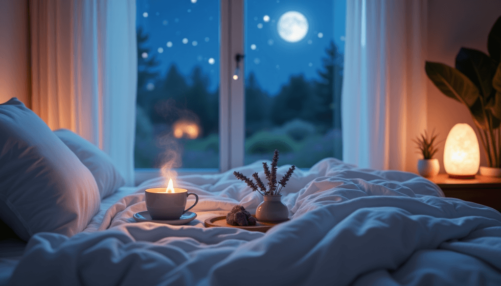Cozy bedroom with a full moon illuminating a serene North American landscape, enhancing a peaceful sleep environment.