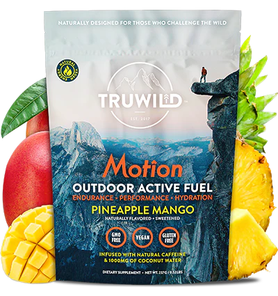 Motion supplement bottle surrounded by natural ingredients designed for joint and muscle support.