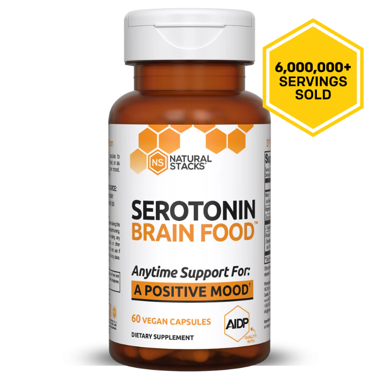 Serotonin Brain Food™ bottle with a table highlighting its benefits for mood enhancement and anxiety reduction.