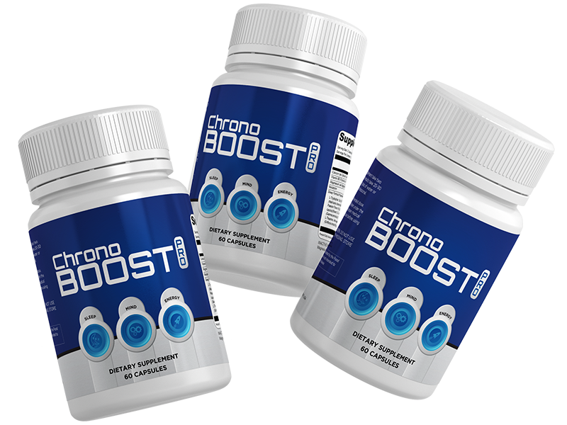 Three bottles of Chronoboost Pro dietary supplement for better sleep, energy, and brain health.