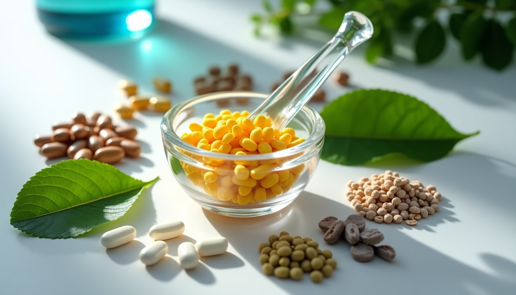 Mortar and pestle with natural testosterone-boosting ingredients in a modern compounding pharmacy laboratory.